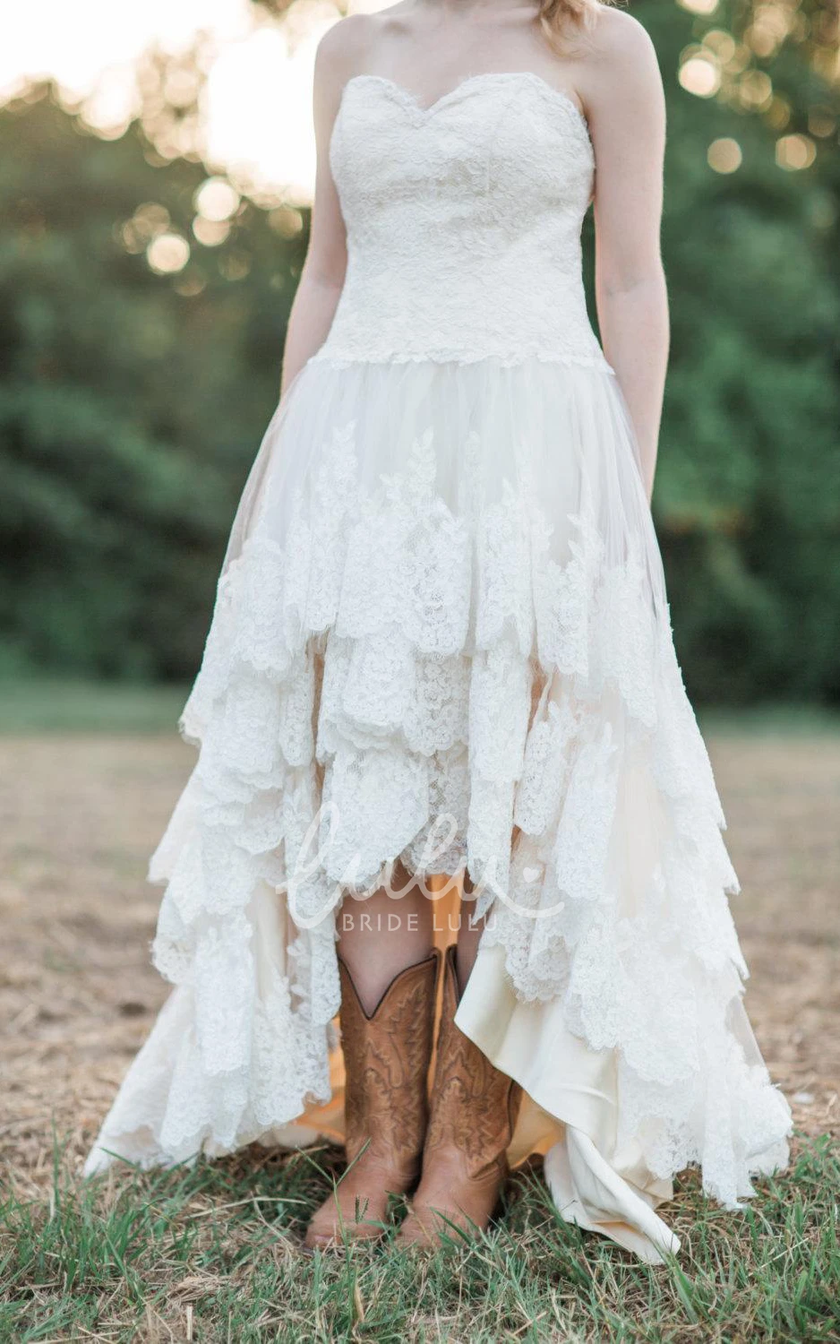 Guinevere Country Wedding Dress with High Low Hem and Lace