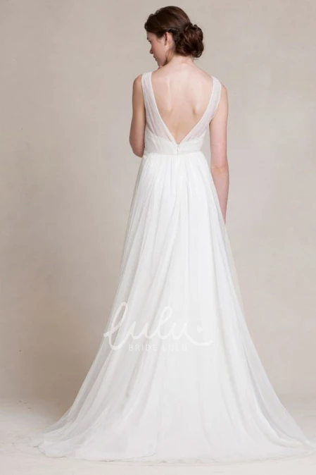 Sleeveless Tulle A-Line Wedding Dress with V-Neck and Jeweled Embellishments