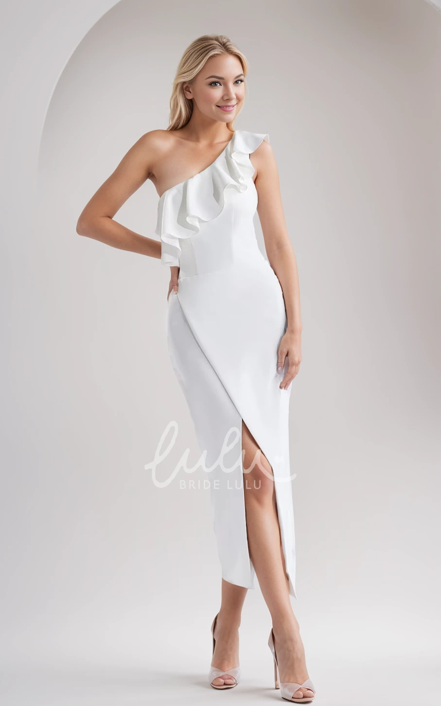 One-shoulder Sexy Modern Sheath Solid Petite Women Ankle-length Sleeveless Backless Ruffles Split Front Wedding Bridal Dress