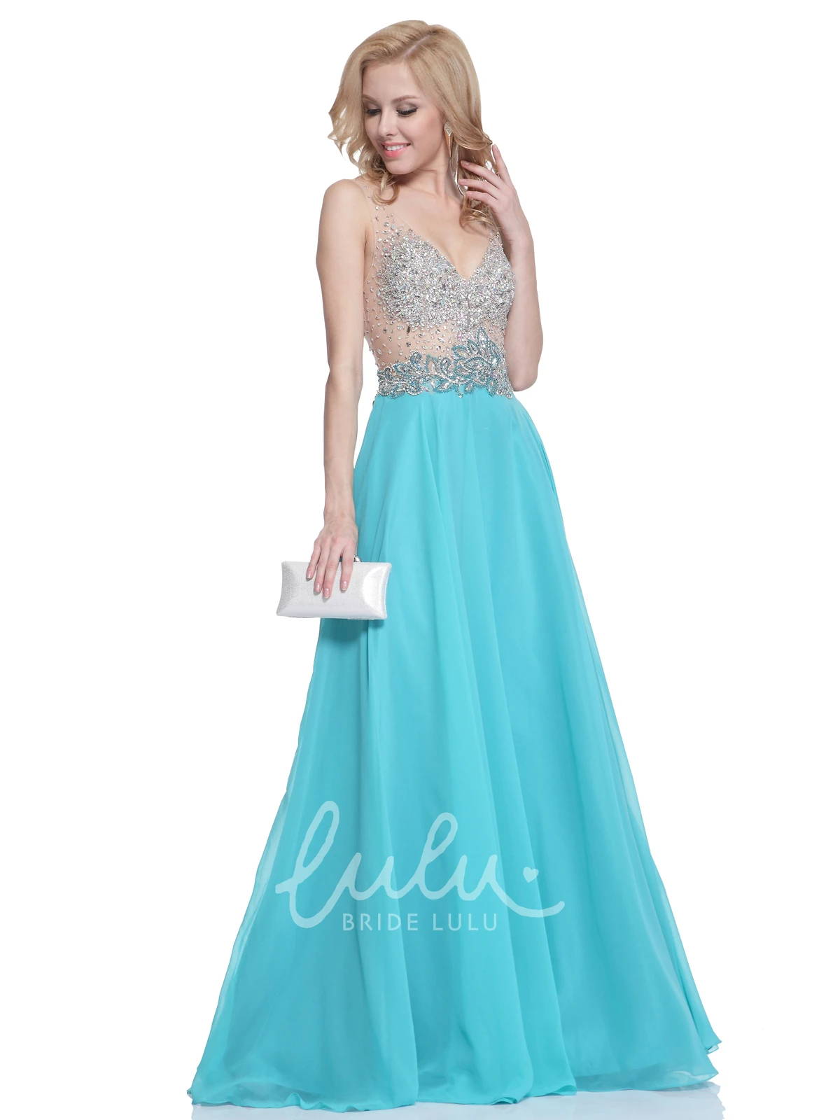 Chiffon A-Line Dress with Pleats Beading and Deep-V Back for Formal Events