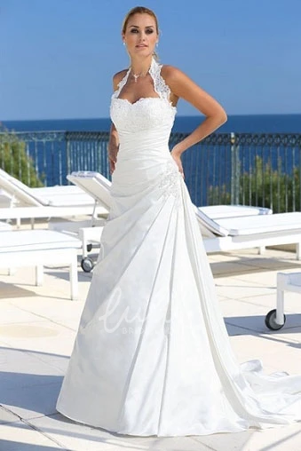 Draped Satin Wedding Dress with Court Train Halter Wedding Dress