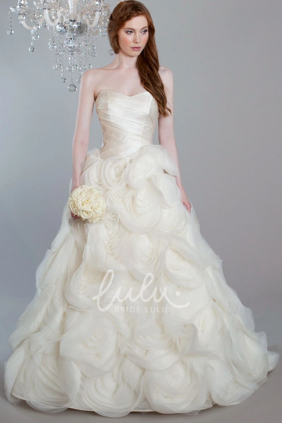 Ruffled Tulle A-Line Wedding Dress with Strapless Style and Court Train
