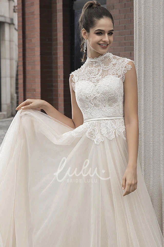 Vintage Lace High Neck Cap Sleeve Wedding Dress with Button Back