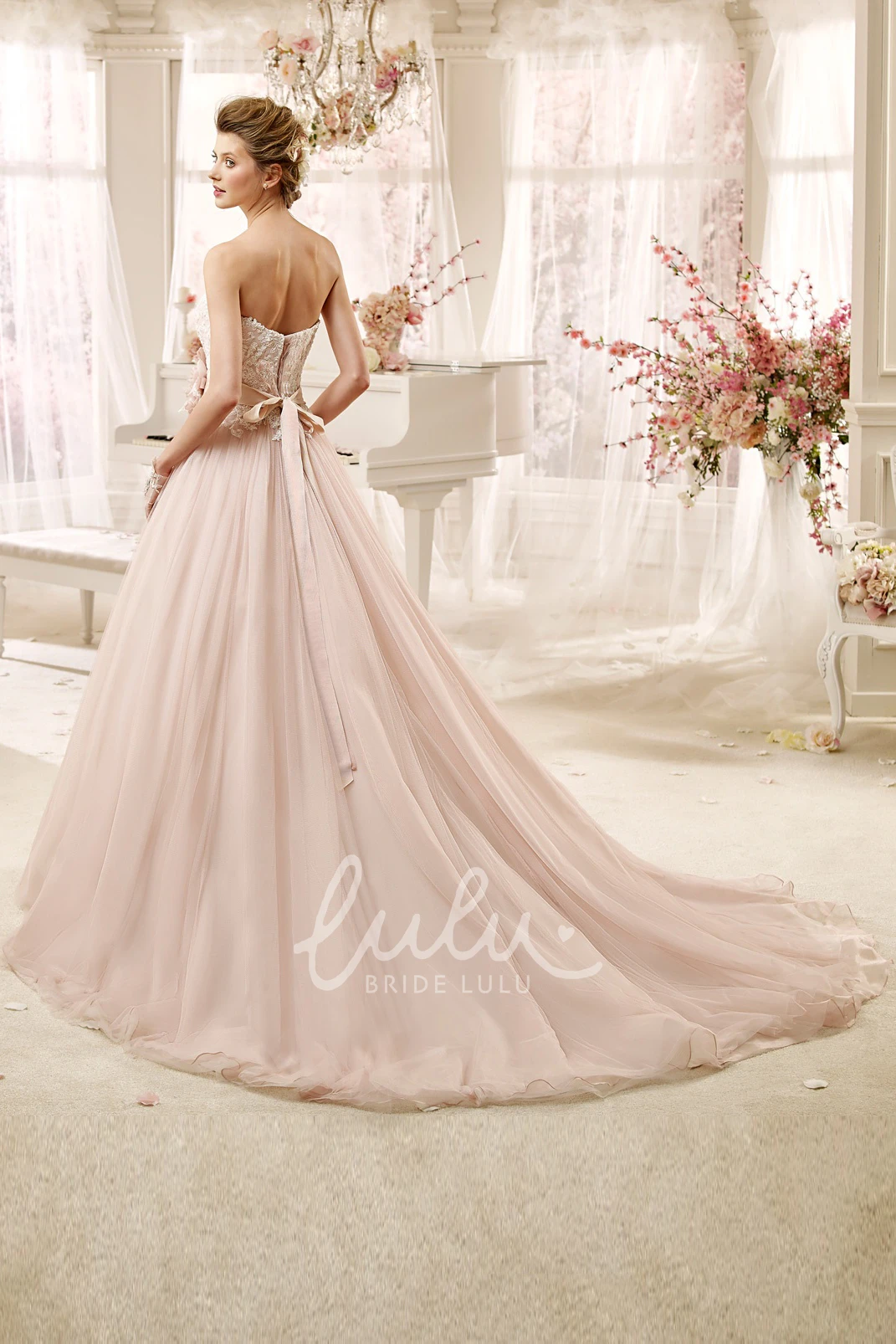 Lovely Strapless A-line Wedding Dress with Flower Sash & Pleated Skirt Classy Strapless A-line Wedding Dress