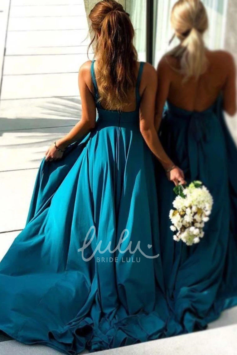 Empire Sleeveless Bridesmaid Dress with Plunging V-neck Front Split and Pleats