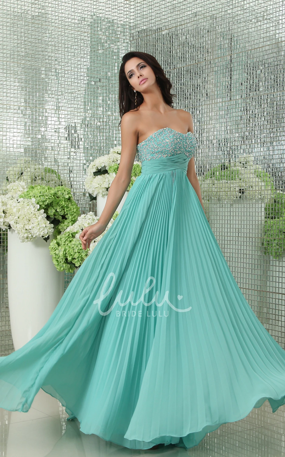 Chiffon Prom Gown with Sequined Bodice Flowy Empire Pleated