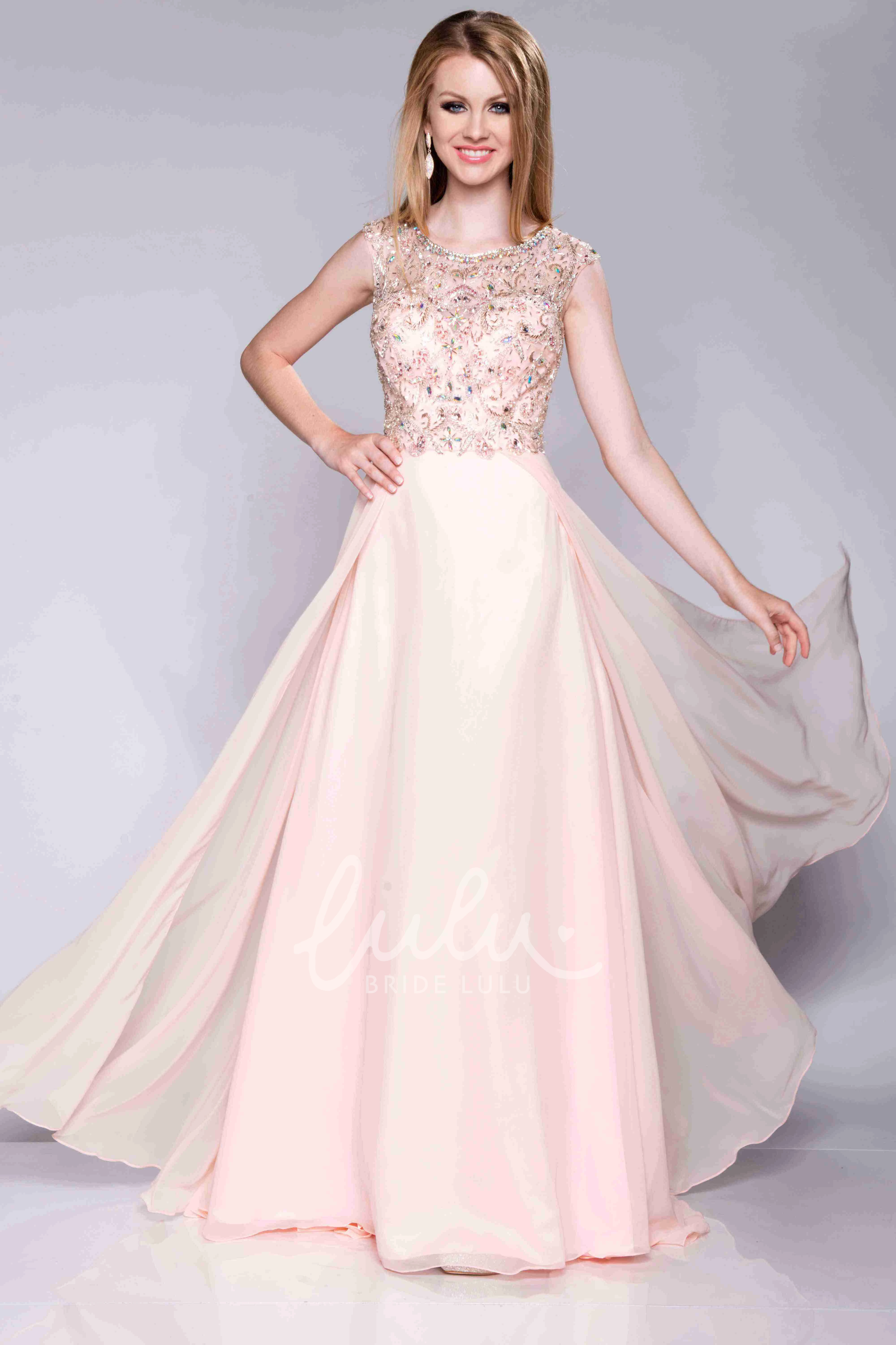 Bateau Neck Prom Dress with Cap Sleeves and Flowy A-Line Chiffon Skirt