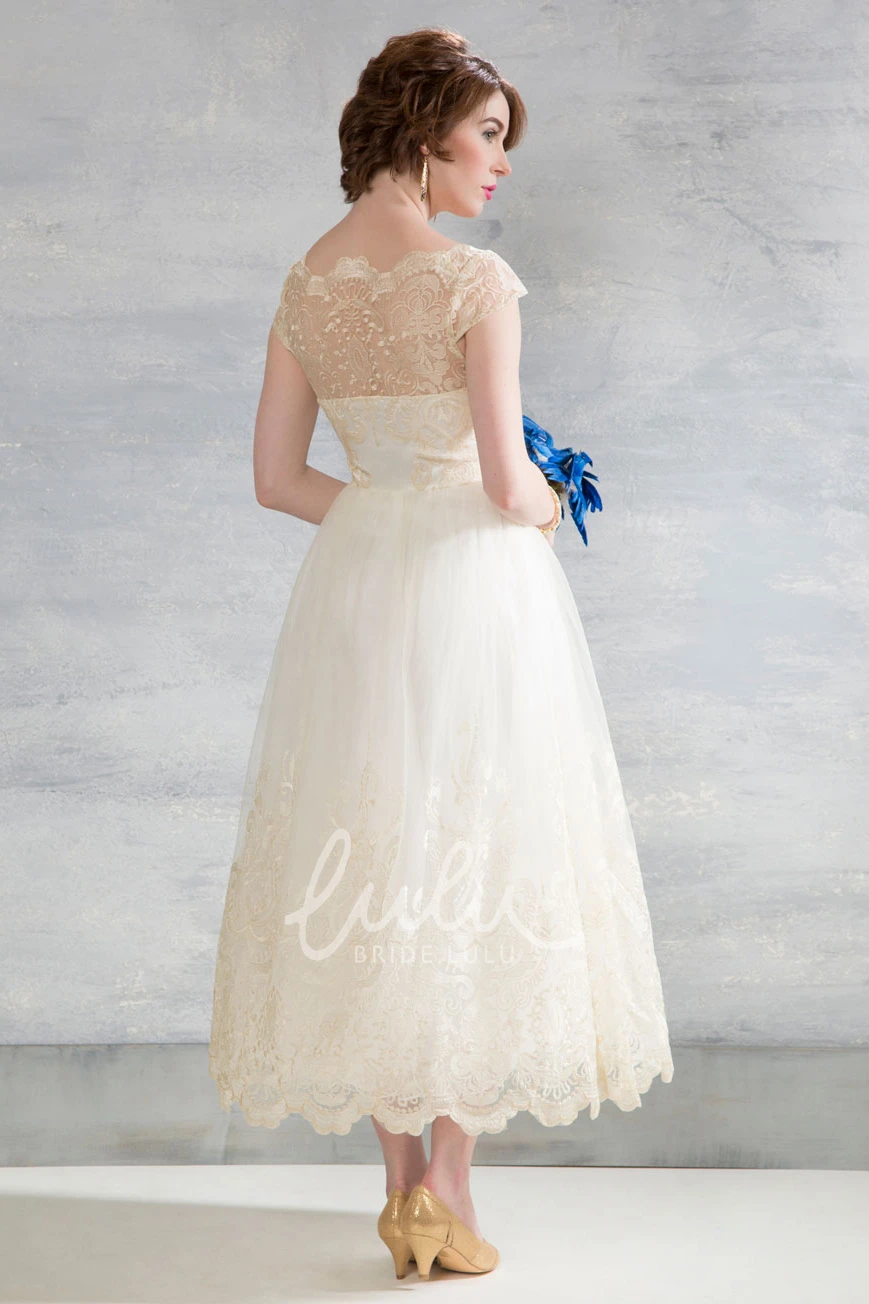 Appliqued Tulle Winter Wedding Dress Tea-Length Bateau Neck Sleeveless