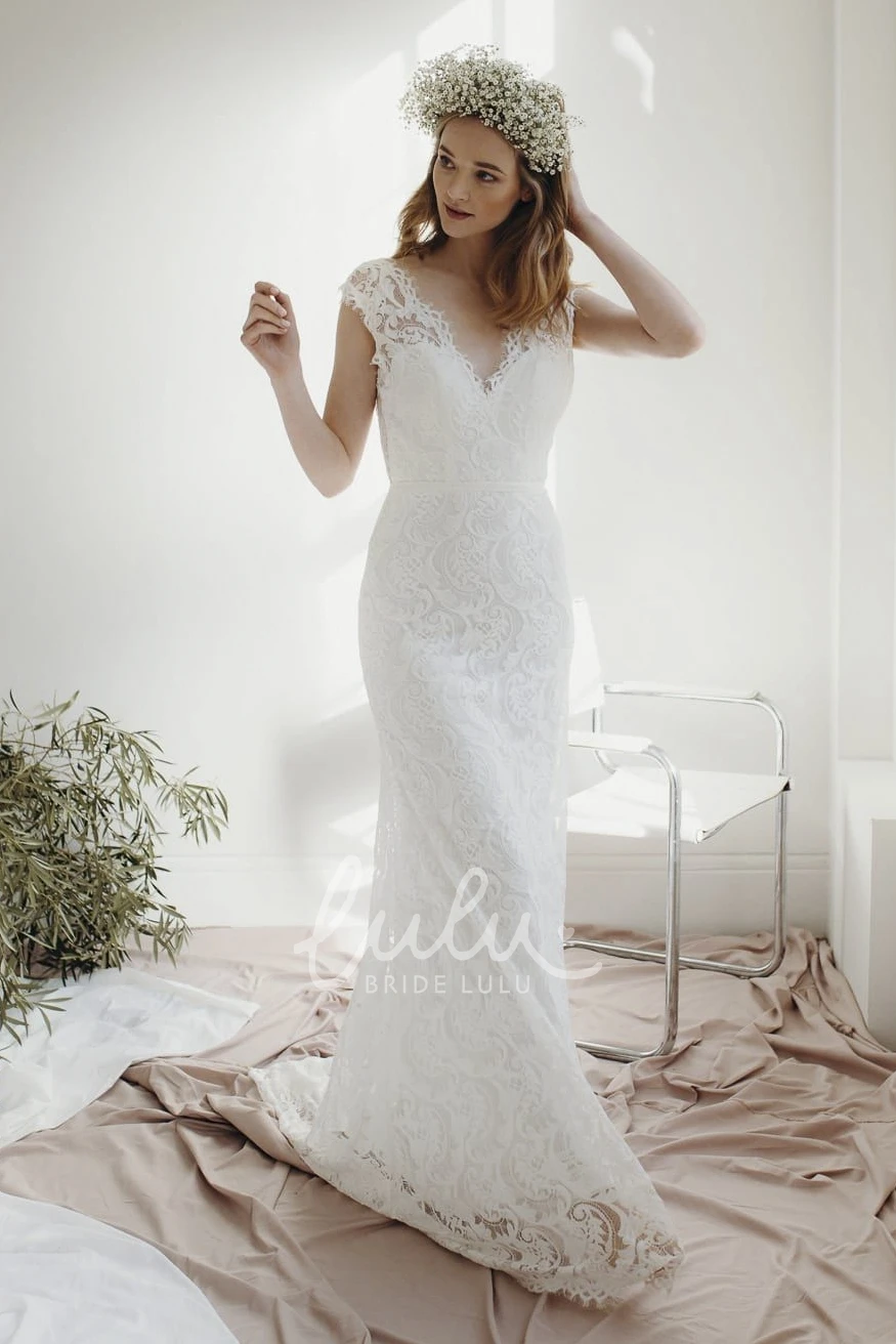 Lace Sheath Deep V-neck Wedding Dress with Cap Sleeves and Court Train