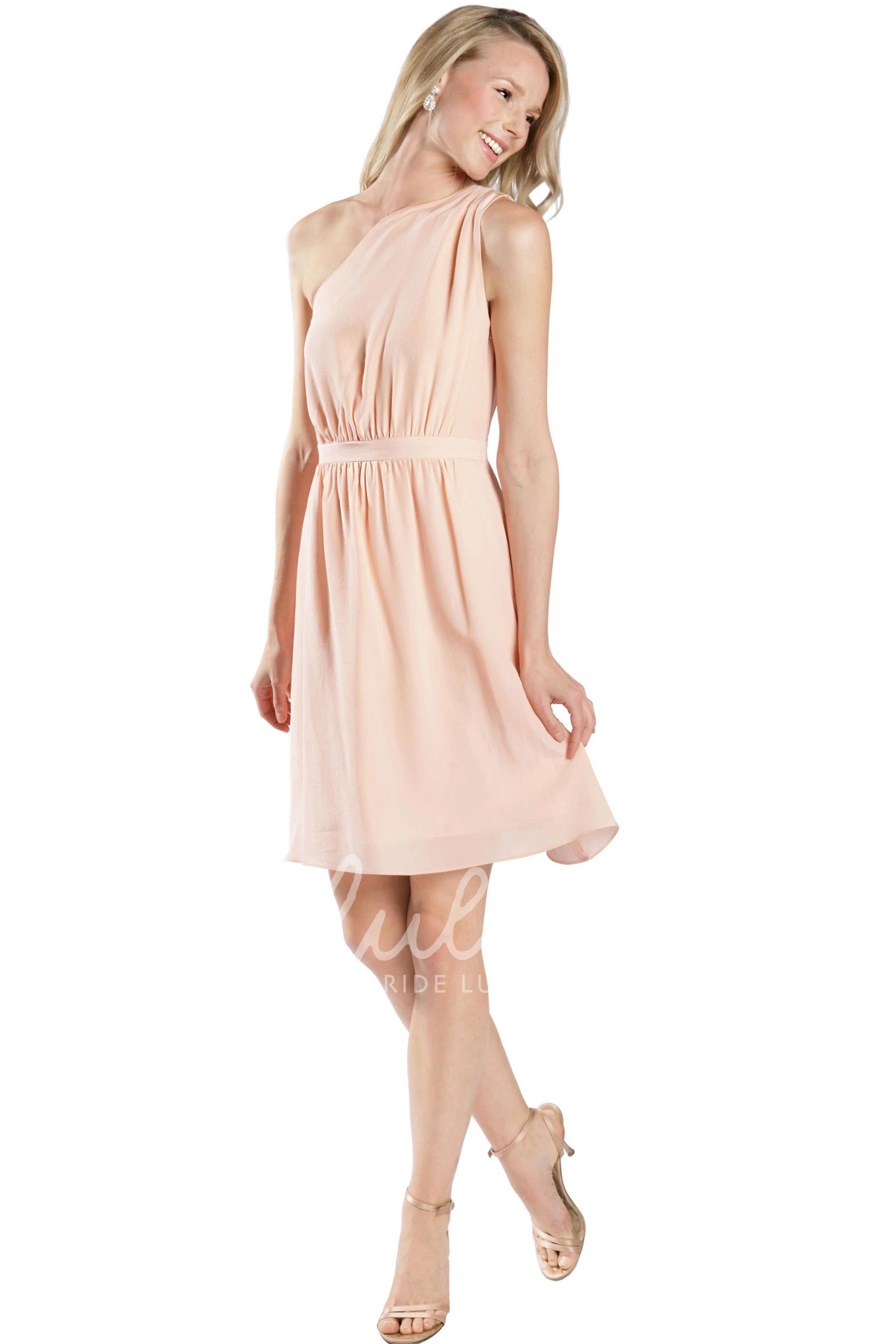Sleeveless One-Shoulder Ruched Chiffon Mini Bridesmaid Dress in Muti-Color with Sash