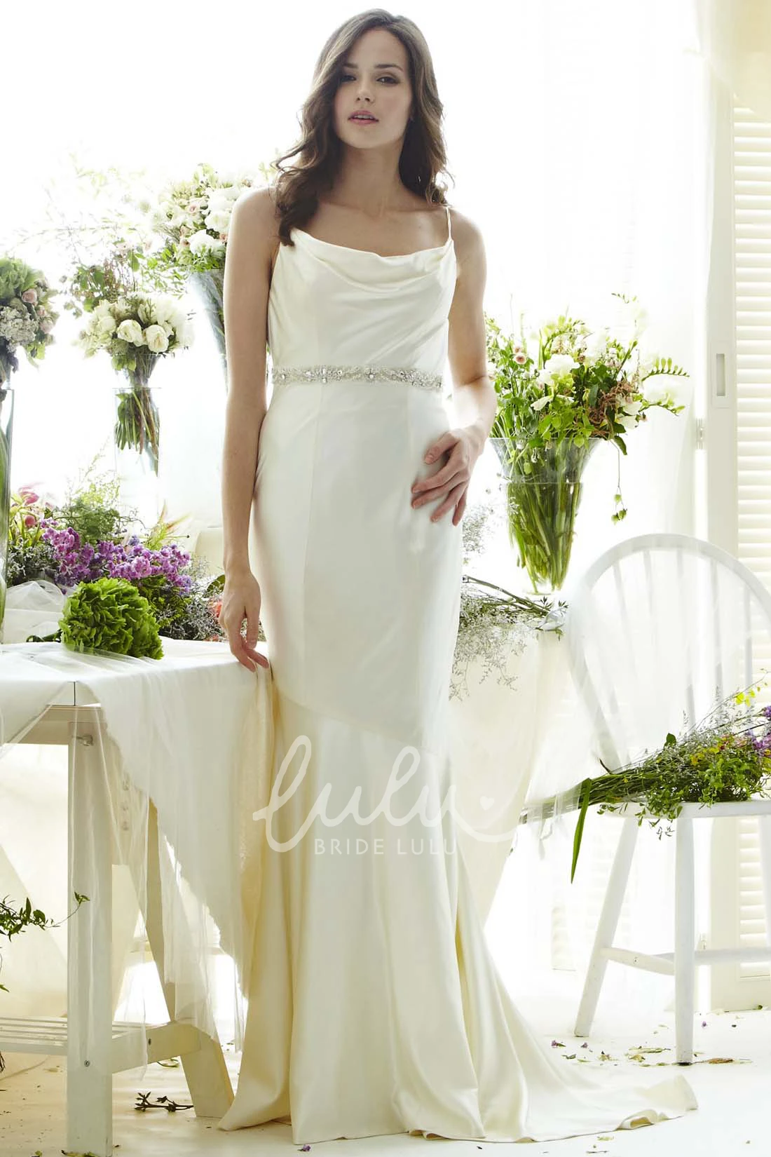 Jeweled Satin Spaghetti Wedding Dress with Brush Train and V Back Glamorous Floor-Length Style