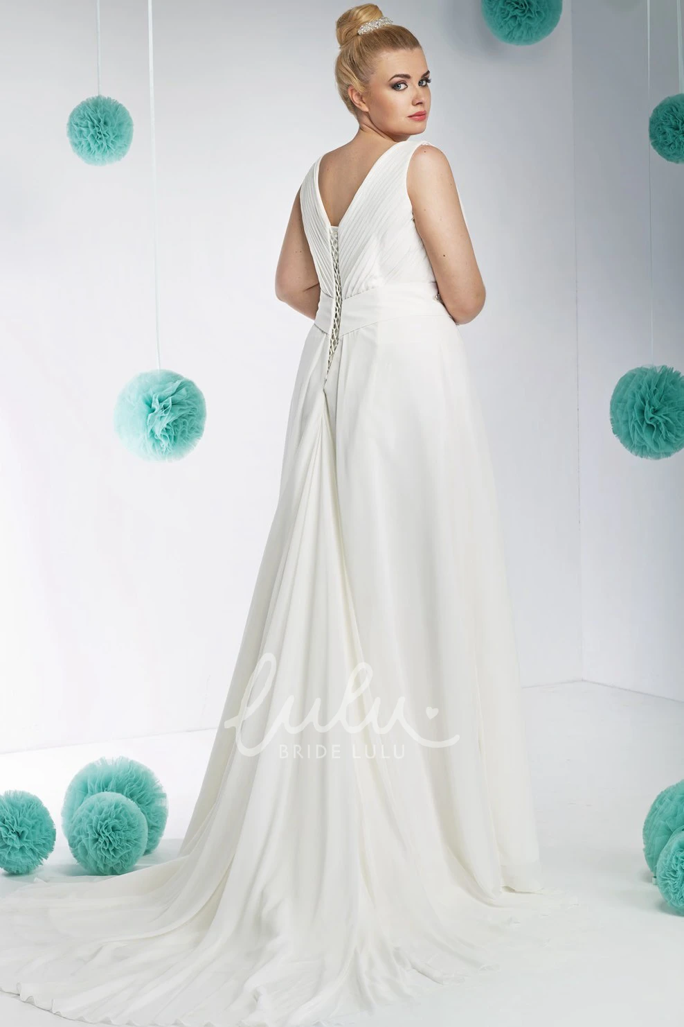 Plus Size Chiffon V-Neck Wedding Dress with Ruching and Waist Jewelry