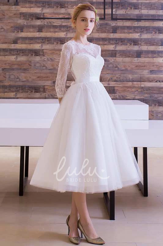 Tea Length Pleated Lace Dress with Jewel Neck and Long Sleeves