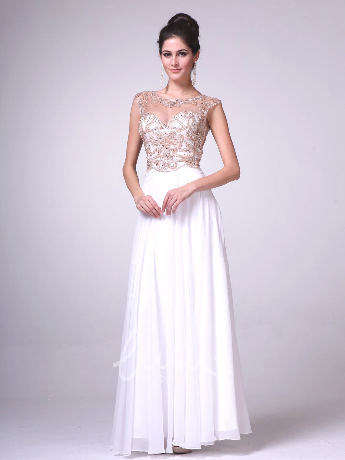 Cap-Sleeve Illusion Bridesmaid Dress with Beading A-Line Scoop-Neck Ankle-Length