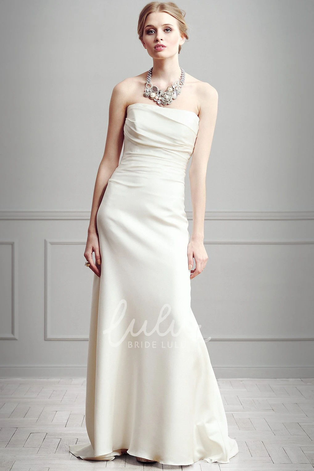 Strapless Satin Sheath Wedding Dress with Ruched and Sleeveless