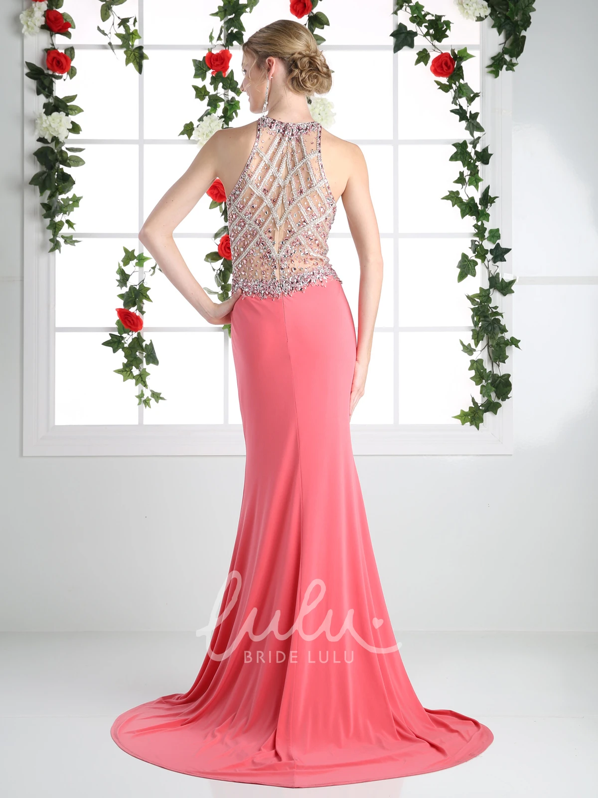 Illusion Sheath Jersey Formal Dress with Jewel Neckline Beading and Split Front