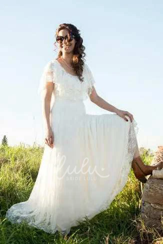 Lace and Pleated Wedding Dress Boho Scoop-Neck Unique