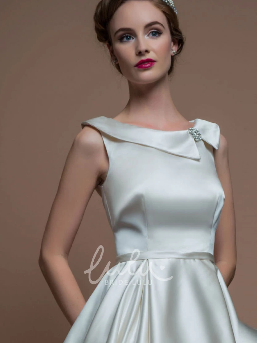 Satin Sleeveless Tea-Length A-Line Wedding Dress With Broach Classy Bridal Gown