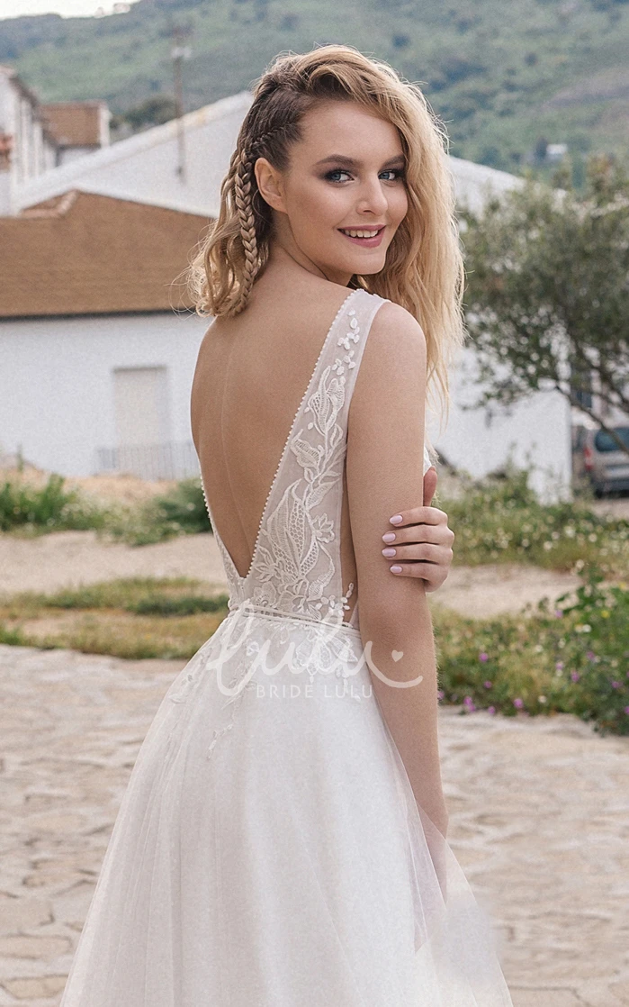 Sleeveless A-Line Tulle Wedding Dress with V-Neck and Deep-V Back Simple and Elegant Wedding Dress