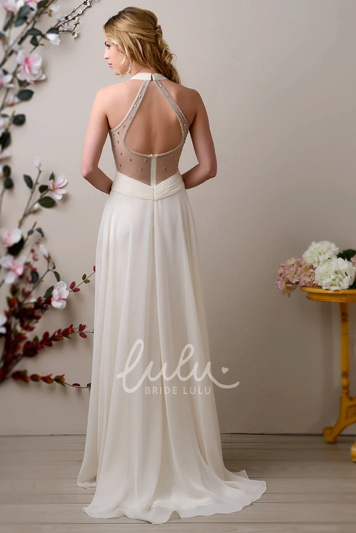 Chiffon Halter Wedding Dress with Pearls Ruched Bodice and Flowy Skirt