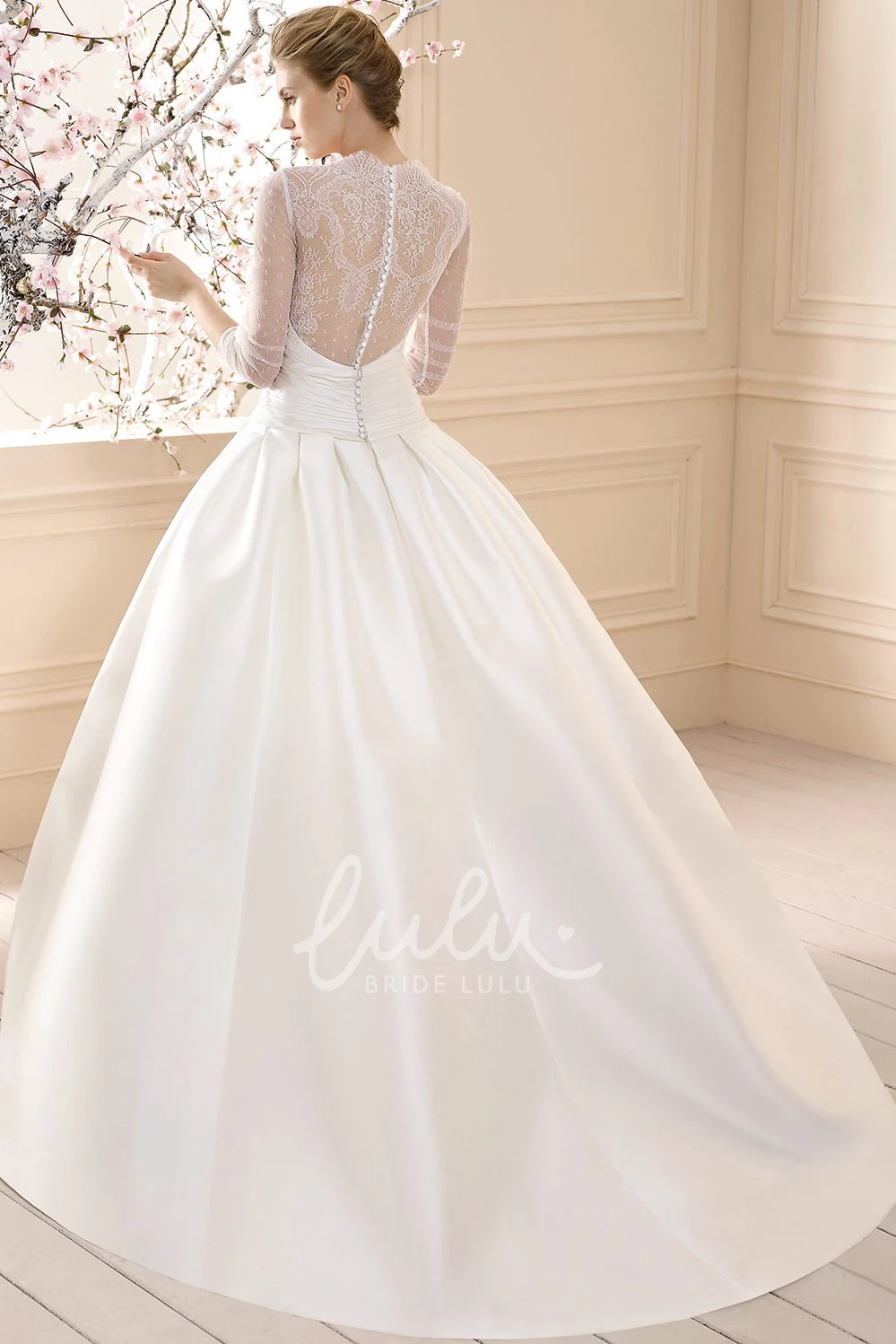 Long Sleeve High-Neck Satin Wedding Dress with Lace Classy Bridal Gown