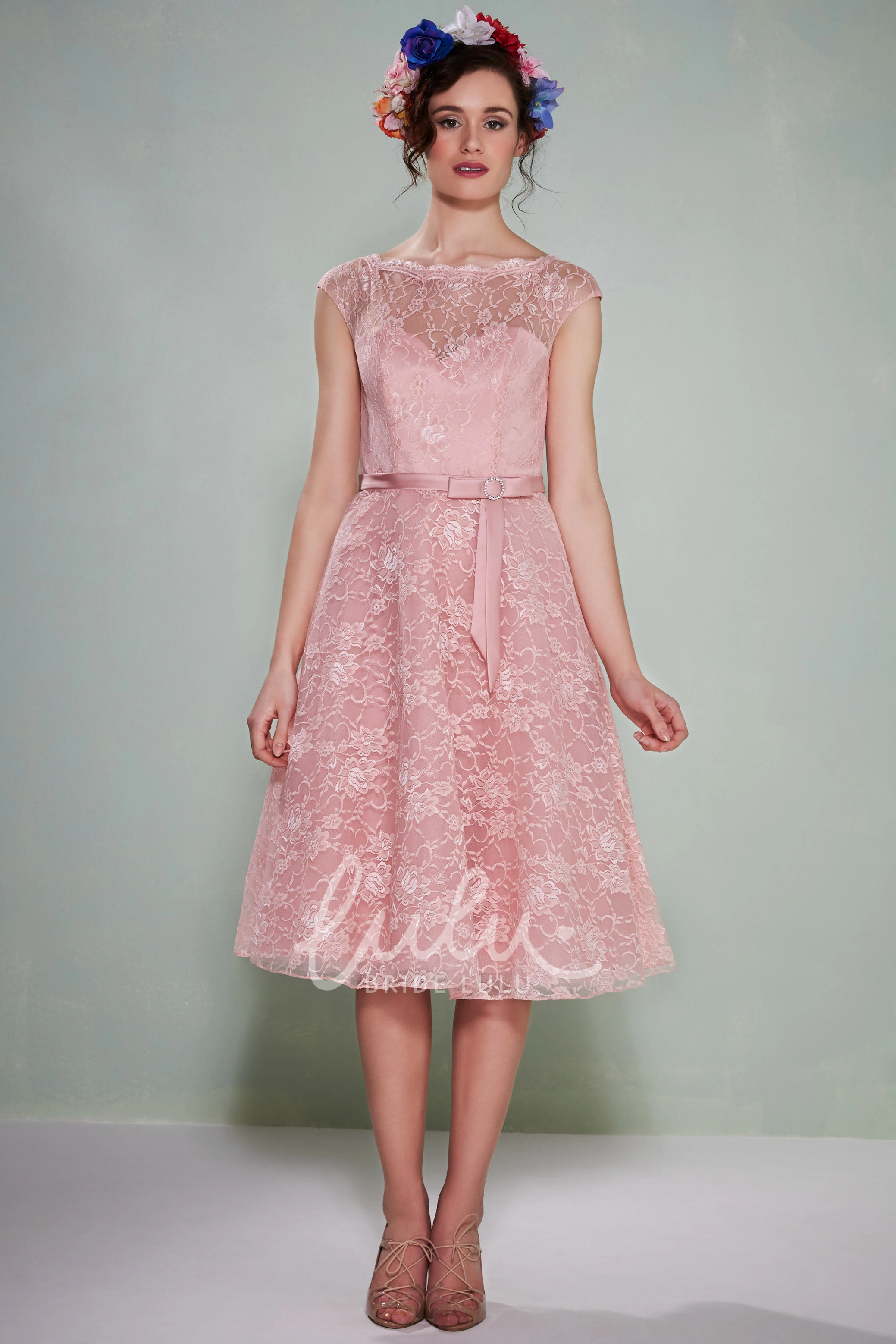 Tea-Length Lace Bridesmaid Dress with Low-V Back Unique Bridesmaid Dress