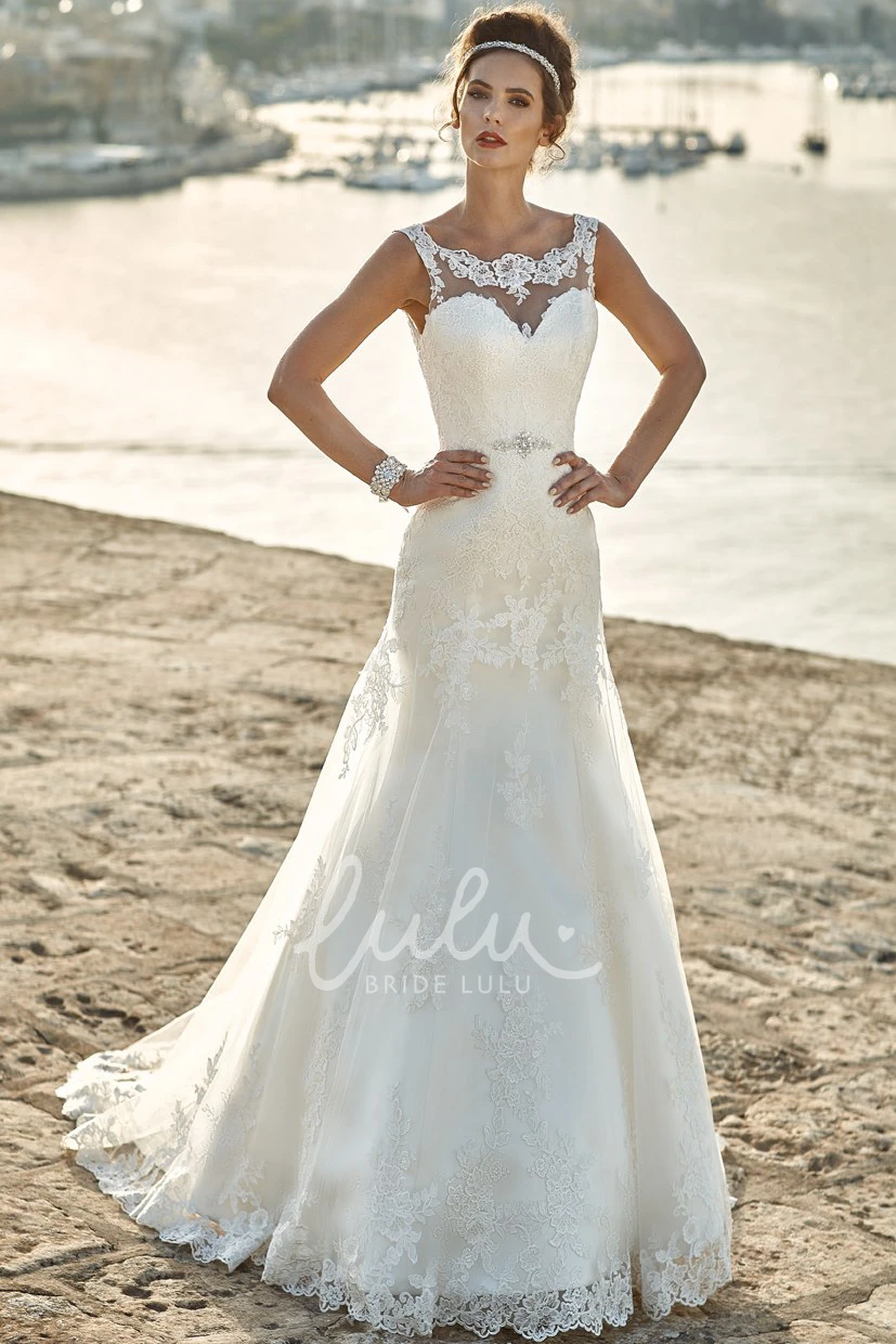 Long Lace Wedding Dress with Square Neck Waist Jewelry and Sleeveless Design