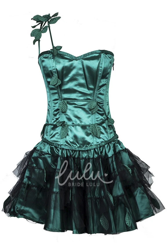 Green and Black One Shoulder Corset Dress with Leaves Appliques Wedding Dress