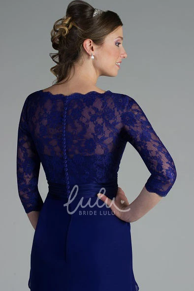 Draped Lace & Chiffon Mother of the Bride Dress with Broach Sheath V-Neck 3-4-Sleeve
