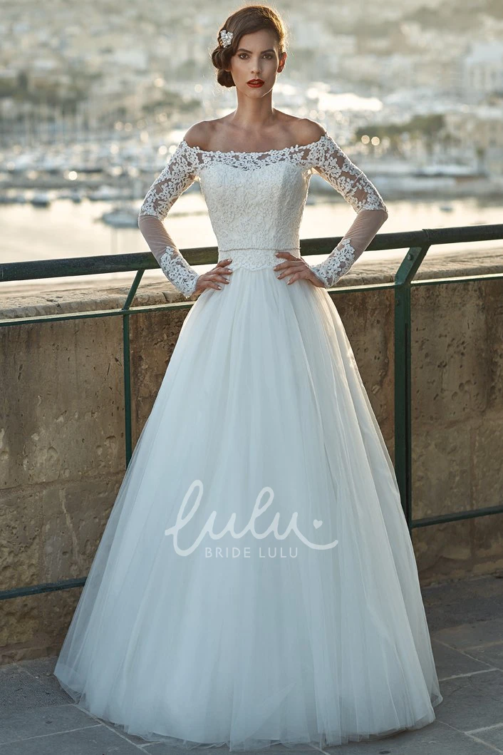 Off-The-Shoulder Tulle and Lace A-Line Wedding Dress Appliqued and Long-Sleeved
