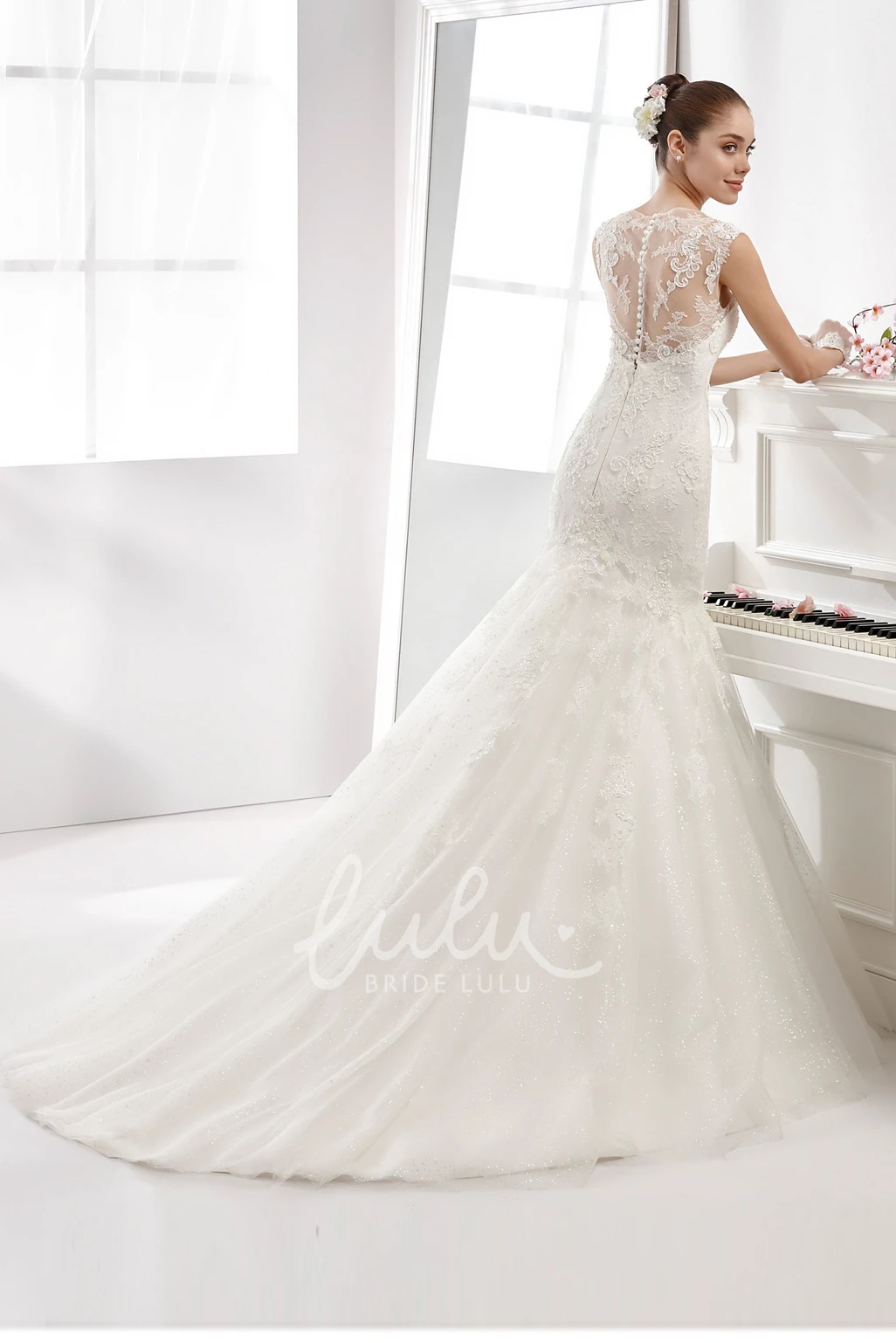 Lace Cap-Sleeve Mermaid Wedding Dress with Illusive Neckline