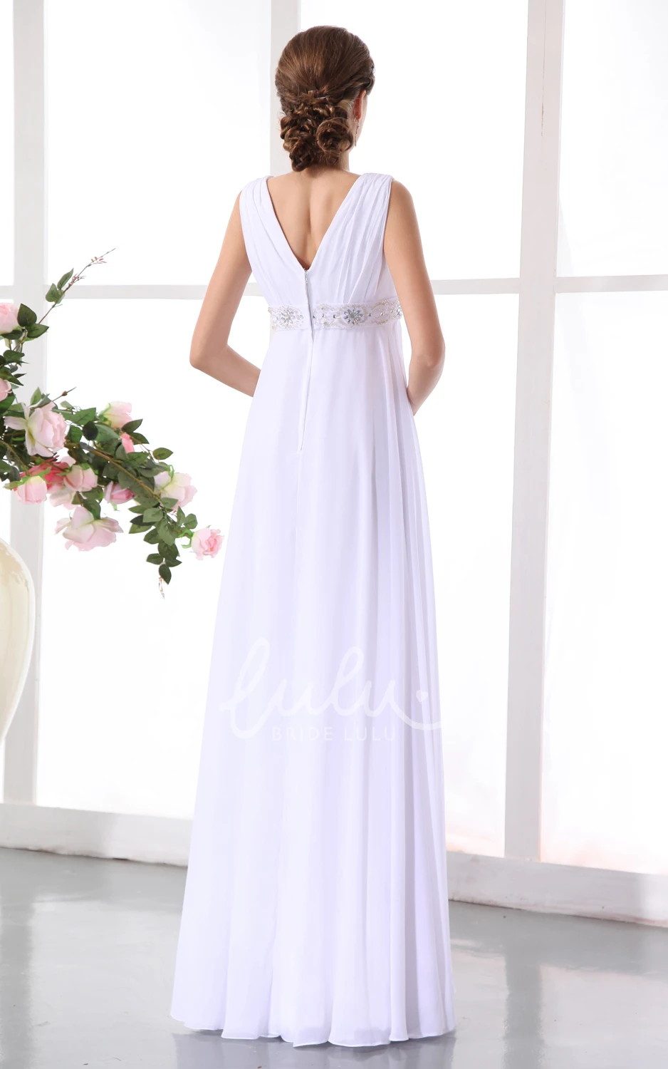 Empire Maternity Wedding Gown Chiffon V-Neck with Beaded Waist Elegant Bridal Dress