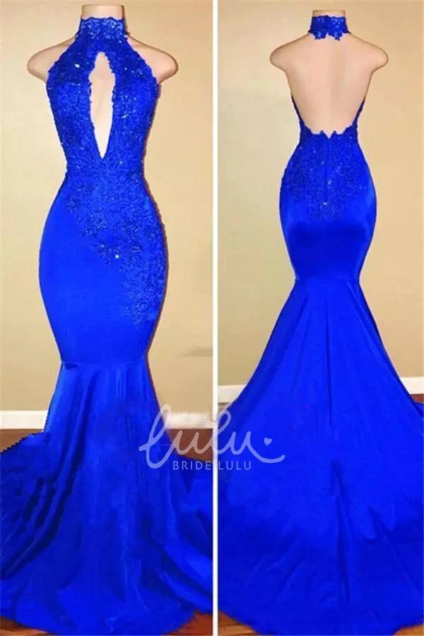 Sexy Mermaid Hater Dress with Appliques Satin Fabric and Open Back