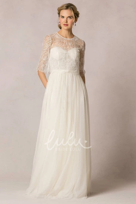 Half-Sleeve Lace Sheath Tulle Wedding Dress Modern Bridal Gown