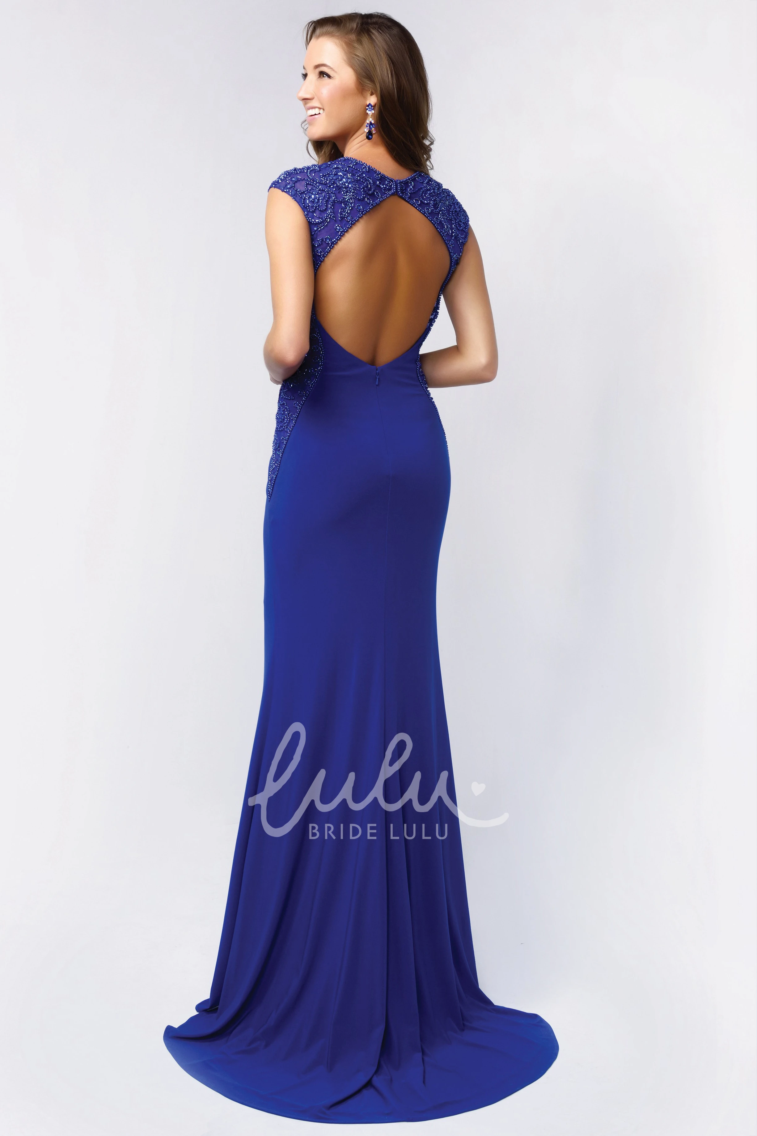 Sleeveless V-Neck Jersey Formal Dress with Keyhole and Beading