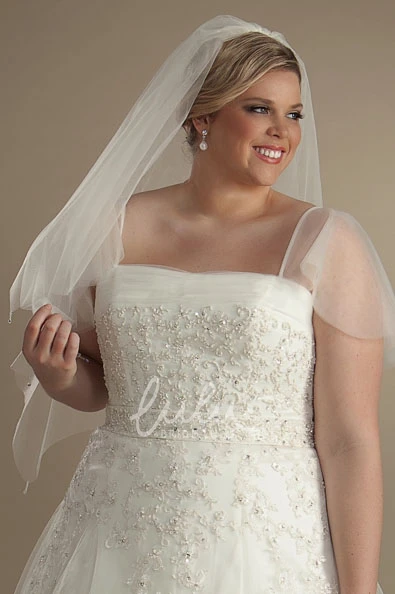 Tulle Appliqued Poet-Sleeve Ball Gown Plus Size Wedding Dress with Beading