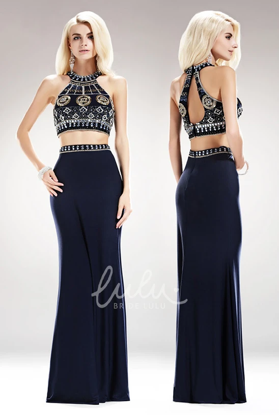 Two-Piece Jewel-Neck Sleeveless Jersey Dress with Beading Sheath