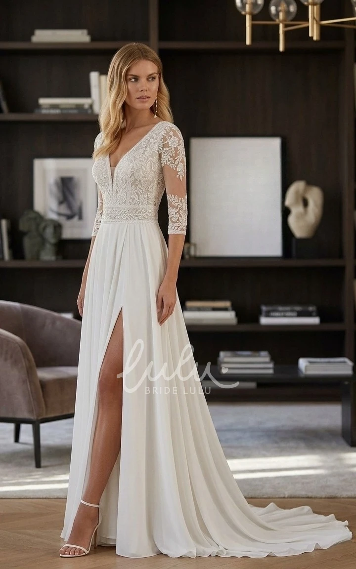 Boho Lace A-Line 3/4 Sleeves Wedding Dress Modern V-Neck Chiffon Bridal Gown with Front Slit