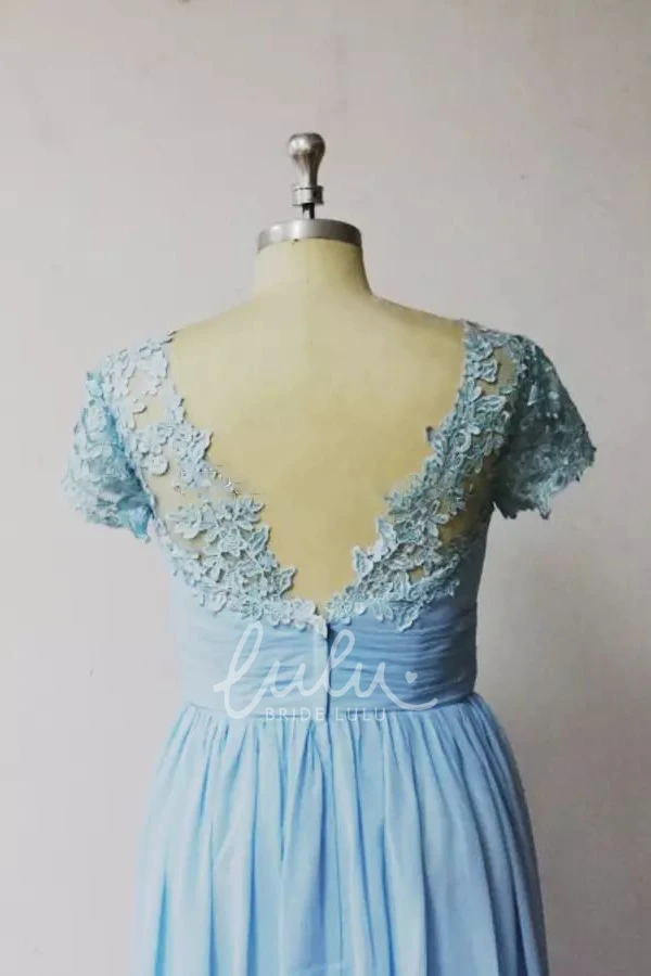 A-line Chiffon Bridesmaid Dress with Appliques and Ruching Jewel Style Short Sleeve