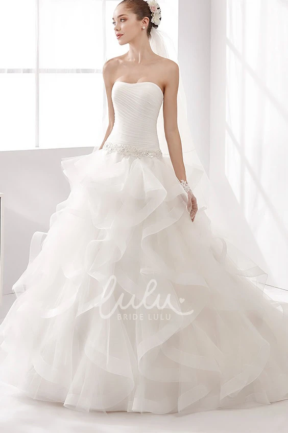 Pleated A-line Cascading Ruffles Wedding Dress with Strapless Design