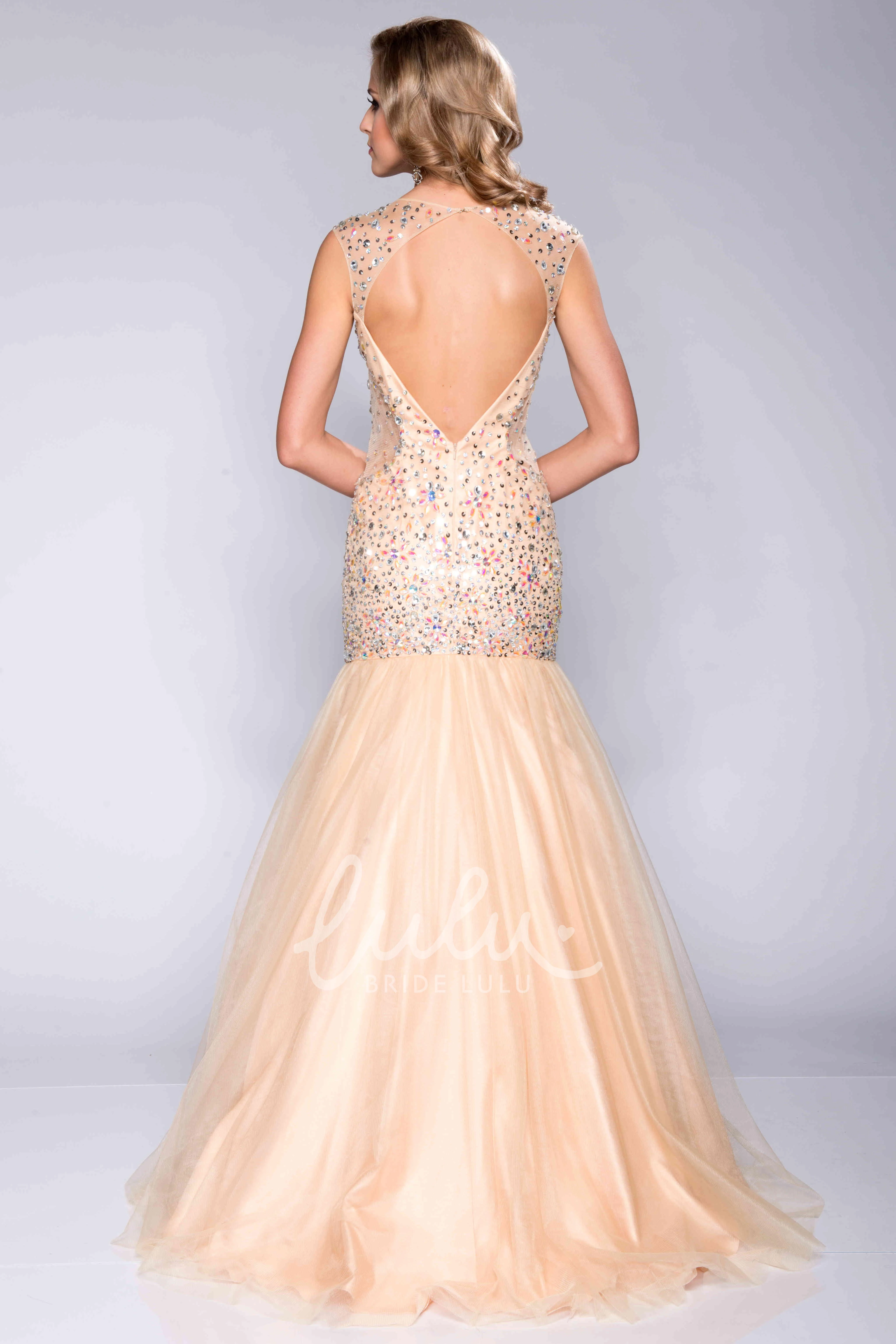 Tulle Fit and Flare Prom Dress with Sequined Bodice V-Neck Women