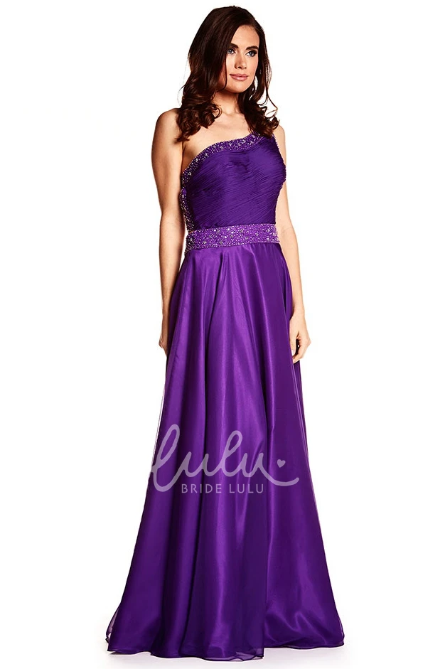 One-Shoulder A-Line Satin Prom Dress with Beading Sleeveless Ruched Floor-Length