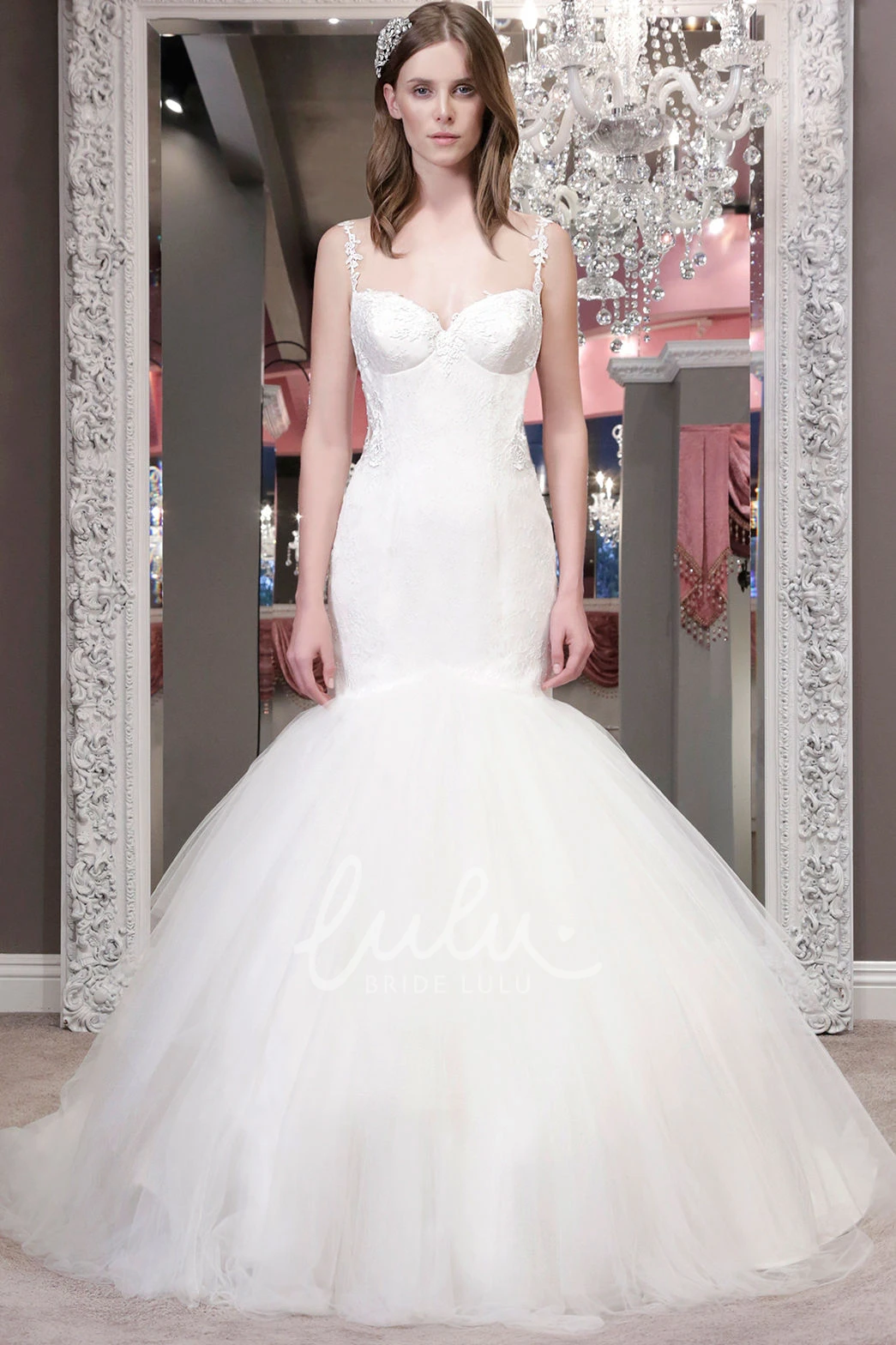 Mermaid Spaghetti Tulle Wedding Dress with Appliques and Ruffles Flowy Beach Bridal Gown