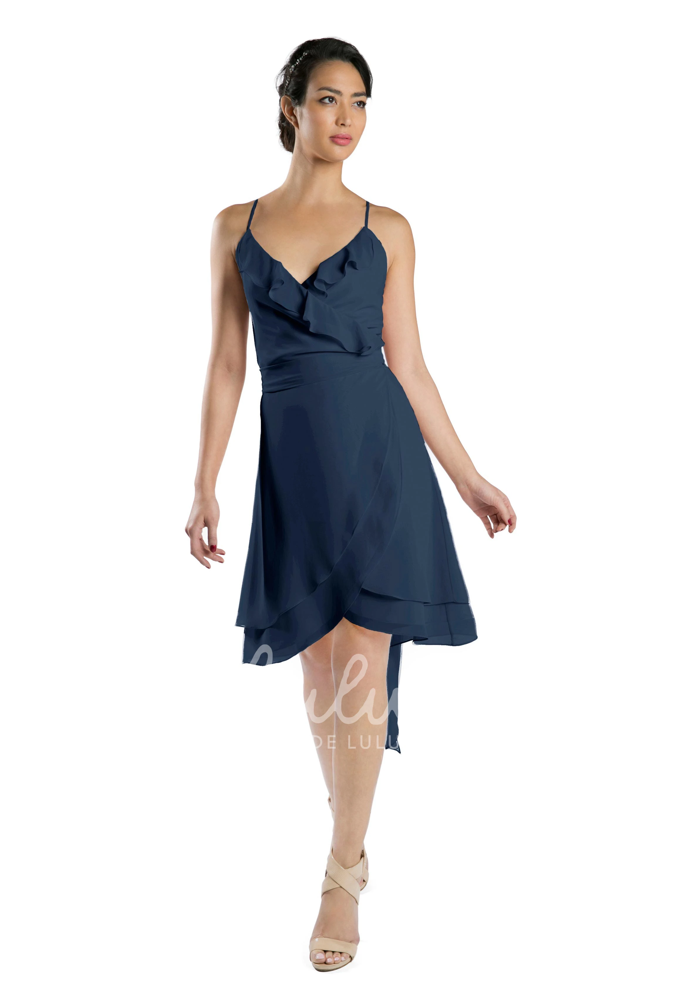 Spaghetti Strap Knee-Length Chiffon Bridesmaid Dress in Multi-Color Sleeveless