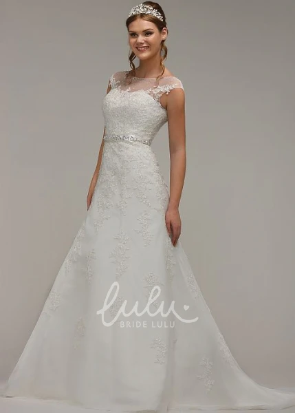 Cap-Sleeve Scoop-Neck Lace Wedding Dress with Jeweled Bow Unique Bridal Gown