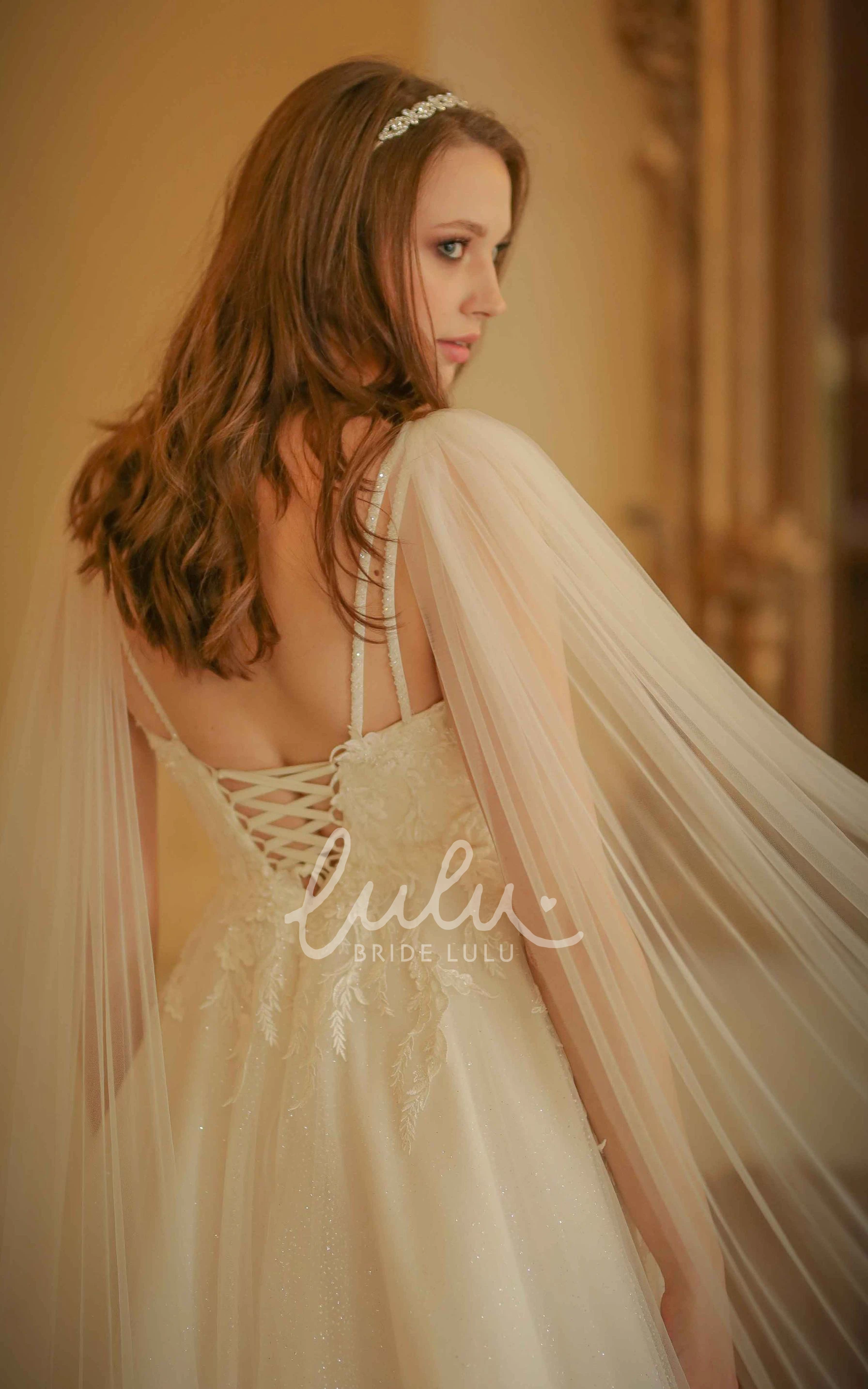 Bohemian Lace V-Neck A-Line Brush Train Wedding Dress with Appliques Boho & Elegant