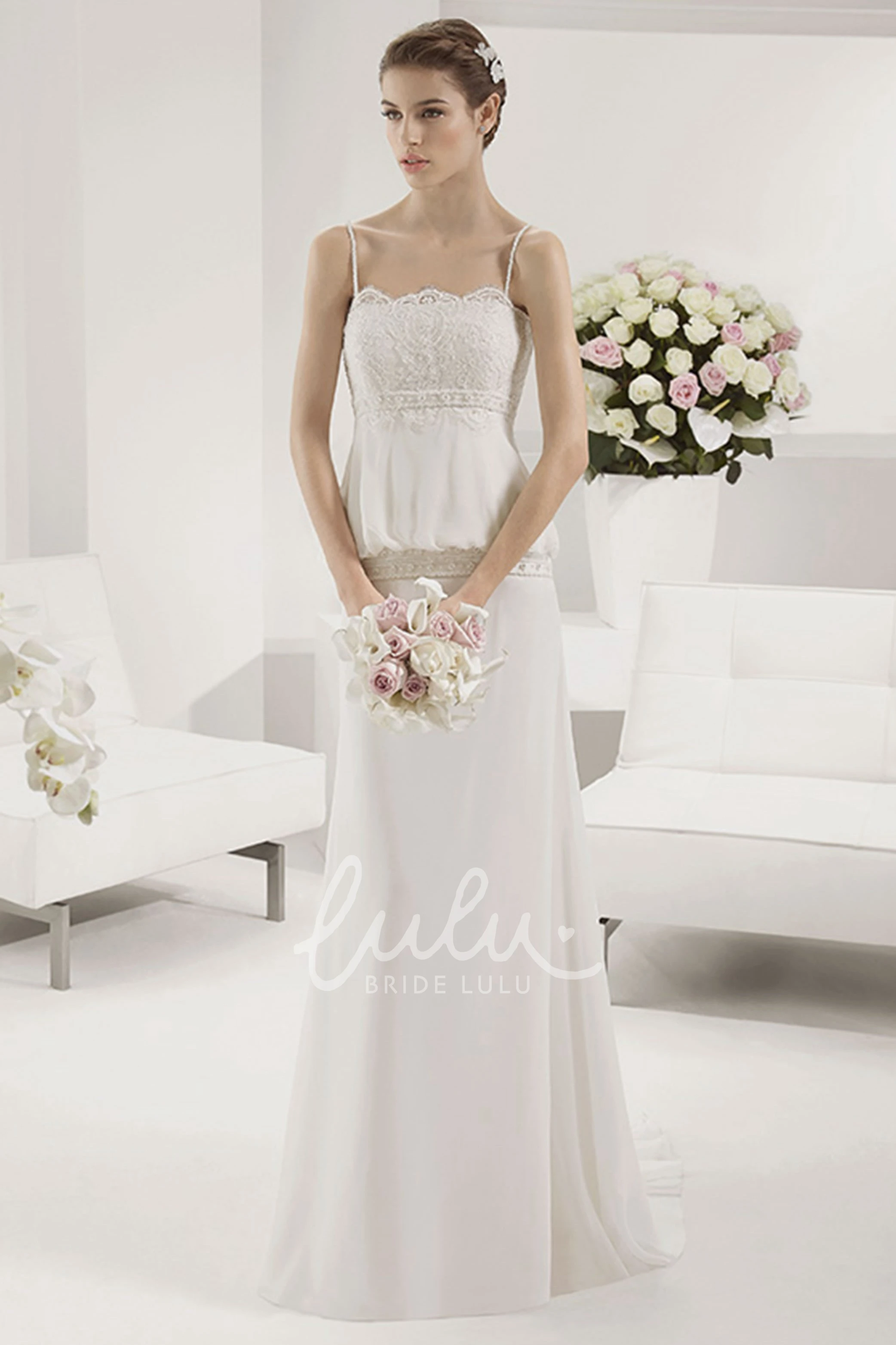 A-Line Chiffon Wedding Dress with Spaghetti Straps Scalloped Neckline and Unique Lace Design