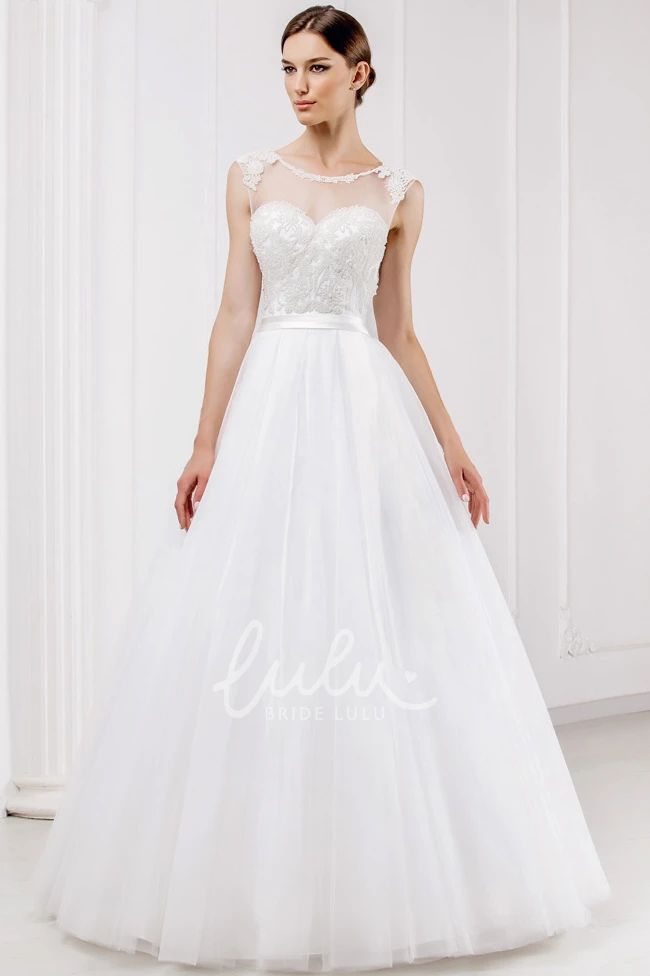 Illusion Appliqued Tulle Wedding Dress with Scoop Neckline Elegant Bridal Gown