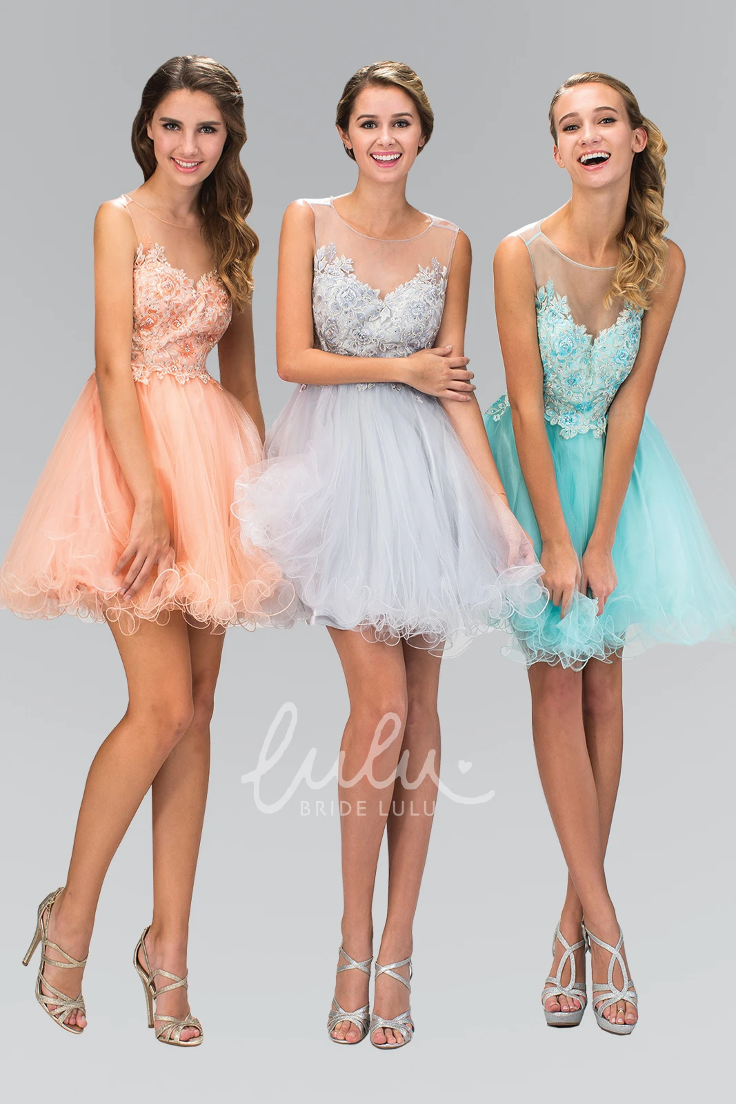 Applique Tulle Illusion A-Line Prom Dress with Scoop Neck