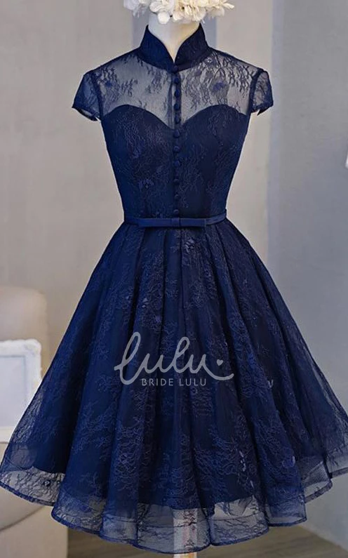 Short Sleeve Lace A-Line Homecoming Dress with Keyhole and Sash Casual Formal Dress